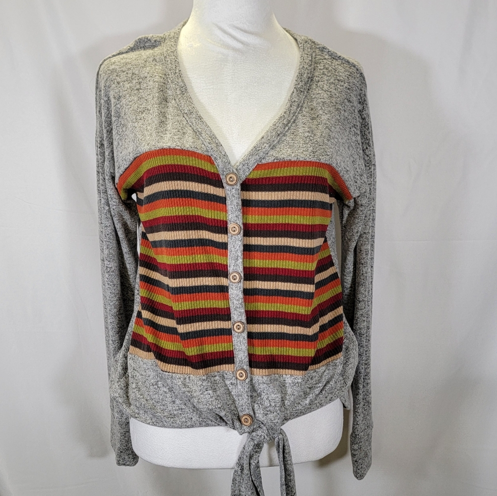 Coco + Main Rainbow Striped Tie Front Sweater Top Cardigan Soft S small Gray NWT